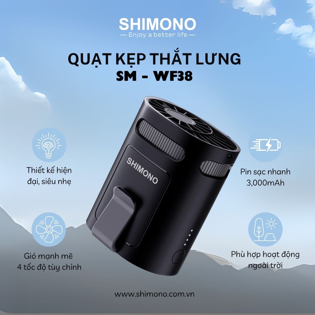 Quạt Kẹp Thắt Lưng SHIMONO SM-WF38 Pin 3000mAh, Siêu Nhẹ Phù Hợp dùng Ngoài Trời, Bảo Hành 12 tháng Hàng Chính Hãng