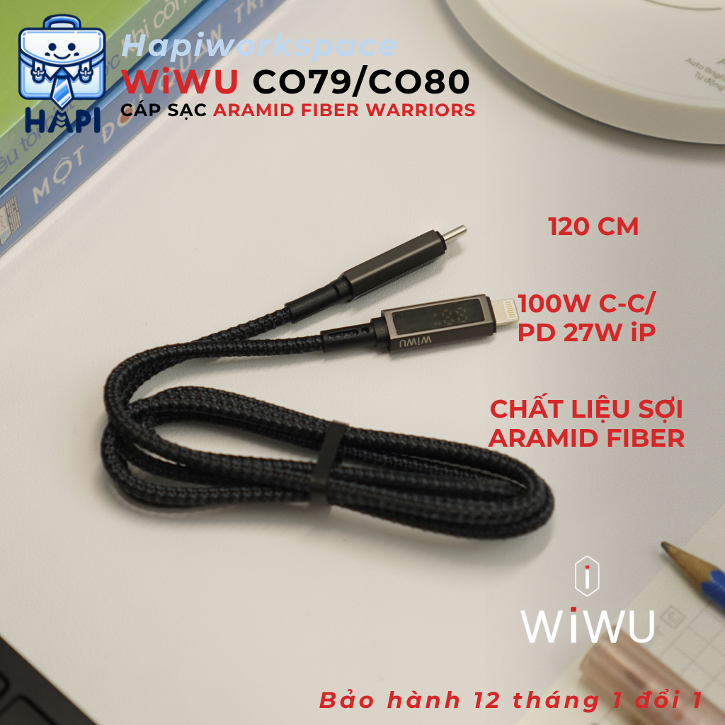 Cáp sạc hàng chính hãng WiWU Aramid Fiber Warriors Type-C to Type-C Wi-C079 lớp bảo vệ aramid siêu bền, đầu hợp kim chống gỉ