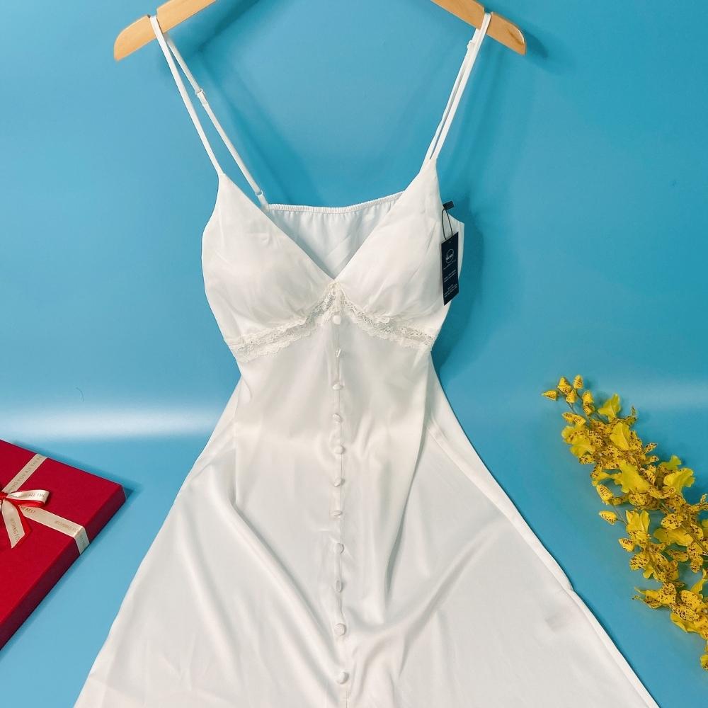 Váy ngủ nữ, váy 2 dây lụa mềm quyến rũ VILADY - V121 thiết kế siêu sang màu Trắng gạo, chất liệu lụa Pháp ( lụa latin) cao cấp