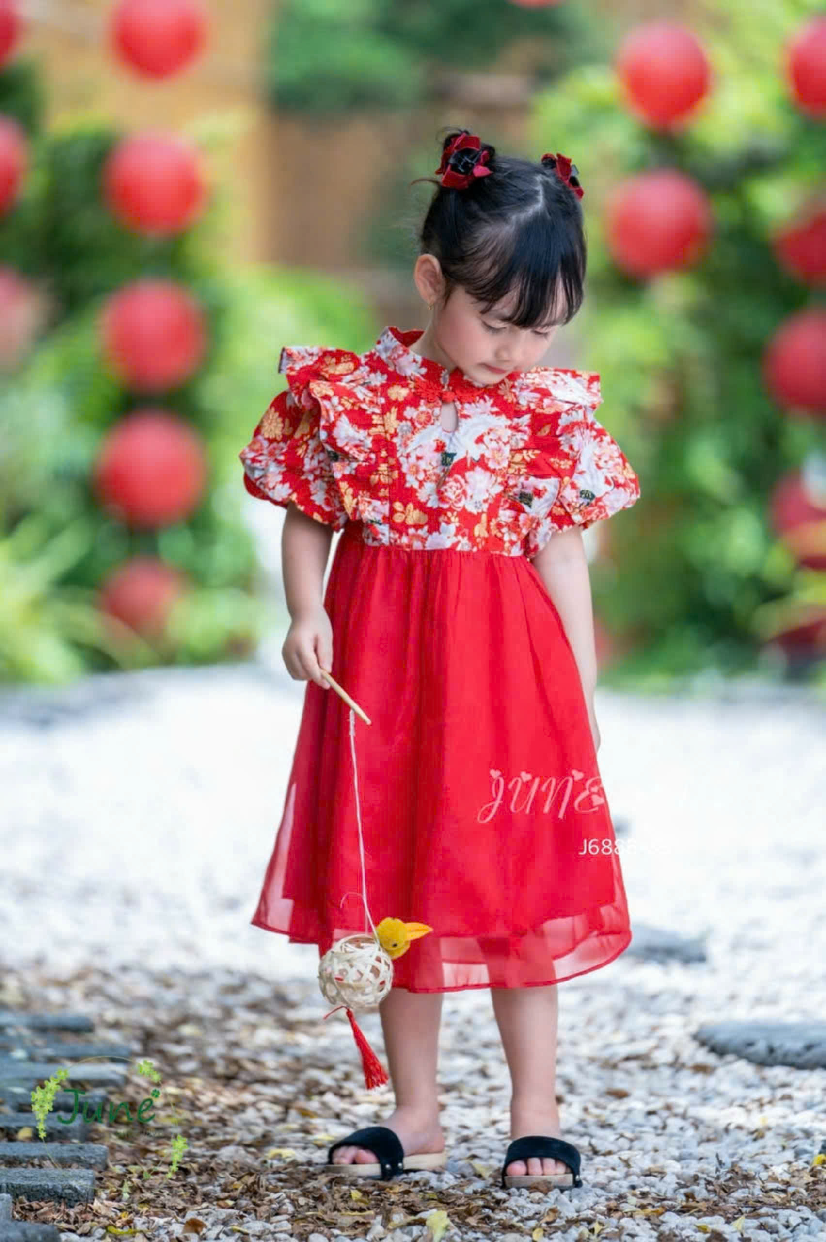 Đầm công chúa sườn xám phối voan hoa anh đào cho bé gái size 10-35kg hàng thiết kế cao cấp