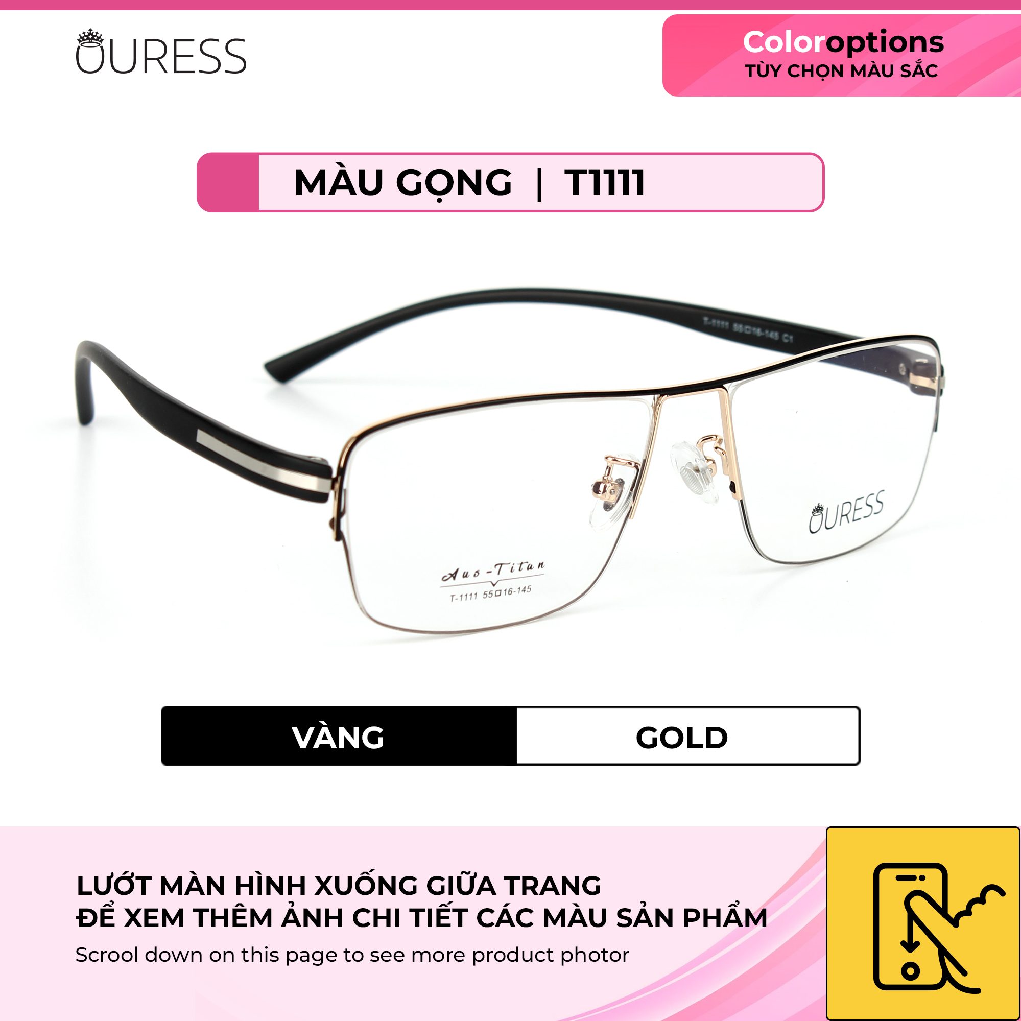 Gọng kính titanium T1111 nửa khung thời trang nam cao cấp siêu nhẹ siêu bền OURESS