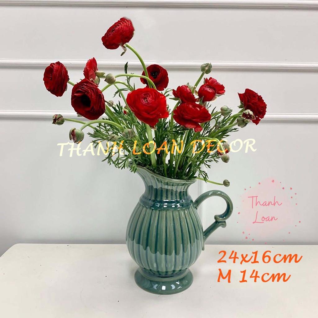 Lọ hoa gốm Bát Tràng - Bình hoa dáng quai sữa cao 22 cm trang trí decor - Men xanh ngọc