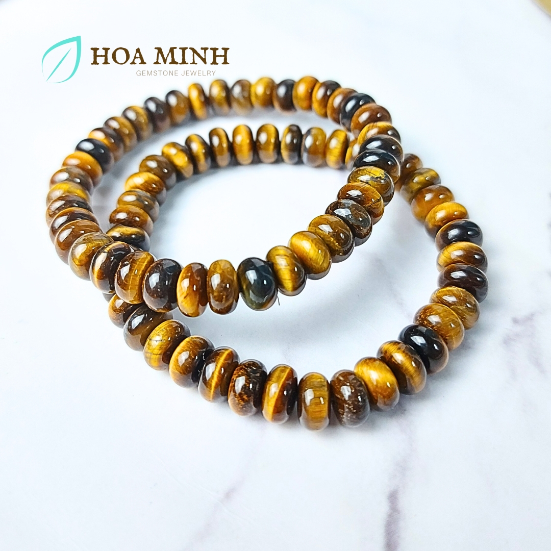 Vòng tay đá Mắt Hổ vàng nâu kiểu bánh xe size 8 li phong thủy tài lộc may mắn