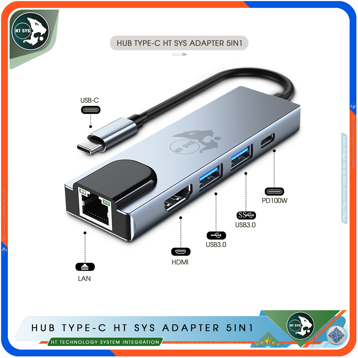 Hub Type C HT SYS 5in1 - Hub Chuyển Đổi USB Type-C To HDMI Chuẩn HDTV - Cổng Mạng Lan / HDMI 4K / USB 3.0 / Sạc Nhanh Type C PD - Kết Nối Nhiều Thiết Bị Với Tốc Độ Cao - Dành Cho MacBook / Tivi / Laptop / PC / Máy Tính Bảng / Smartphone – Hàng Chính Hãng