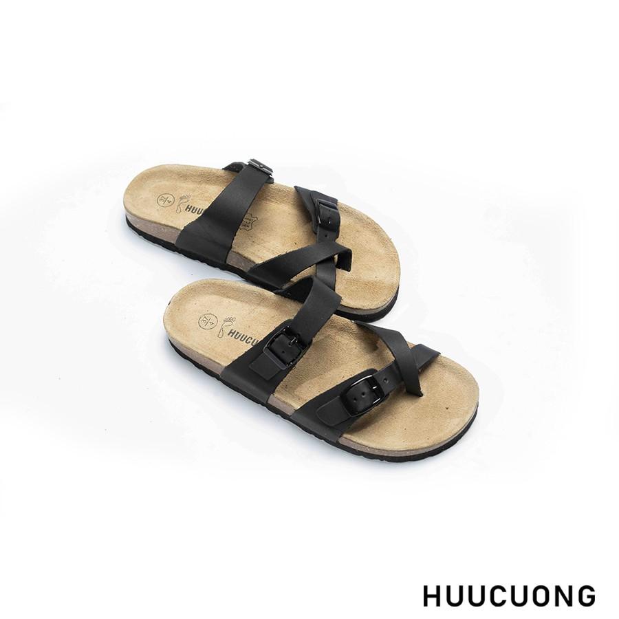 Dép unisex HuuCuong xỏ ngón da bò đen đế trấu handmade