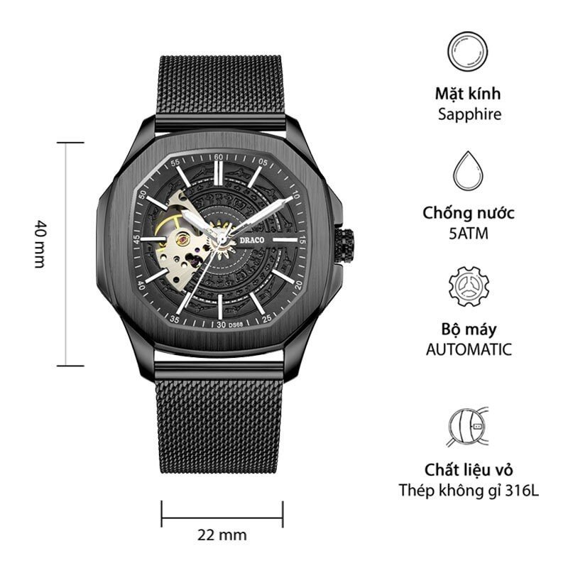 Đồng hồ nam Draco D23-DS68 “DongSon” Automatic full đen kết hợp chất liệu dây thép không gỉ màu đen-thời trang nam thể thao