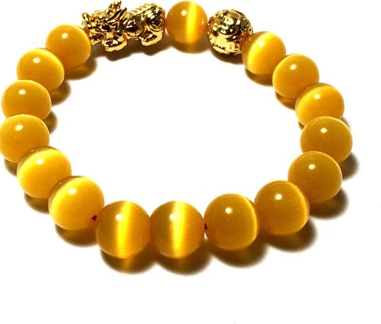 Vòng tay phong thủy đá mắt mèo màu vàng kèm cham tì hiu bạc mạ vàng 24k cao cấp cho người mệnh kim - mệnh thổ - VPT32A- Bạc QTJ
