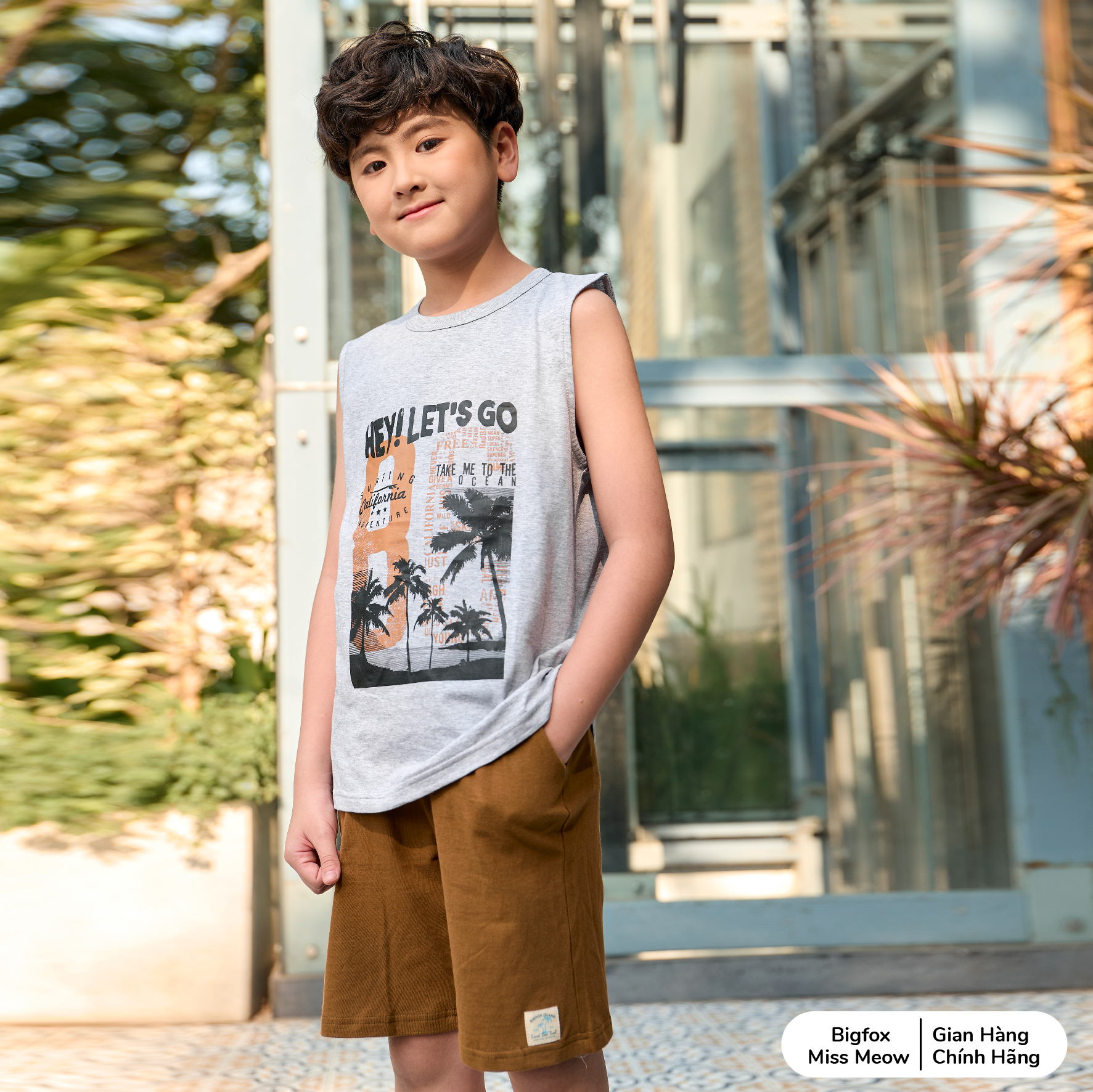 Đồ bộ bé trai ba lỗ sát nách Bigfox Miss Meow size đại mặc nhà mùa hè vải cotton thoáng mát cỡ 12-15 tuổi 40kg-50kg