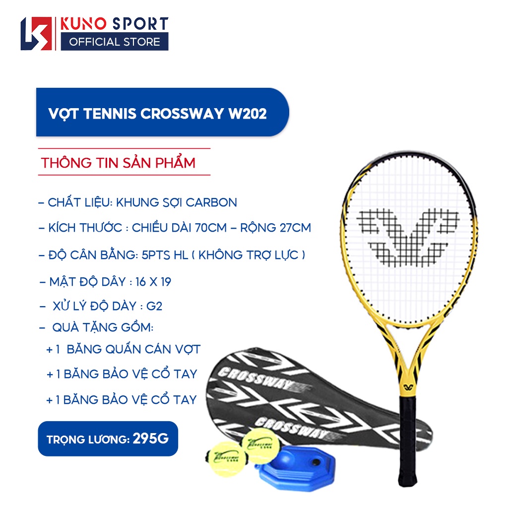 Vợt Tennis CROSSWAY W202 Sợi Carbon Cao Cấp Tặng Kèm Bộ Đế Và Bóng Tập Luyện