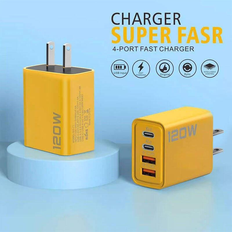 Củ Sạc Nhanh 120w đa năng gồm 2 cổng Type-C và 2 cổng USB, tặng kèm cáp 1 sạc Type C - Hàng nhập khẩu