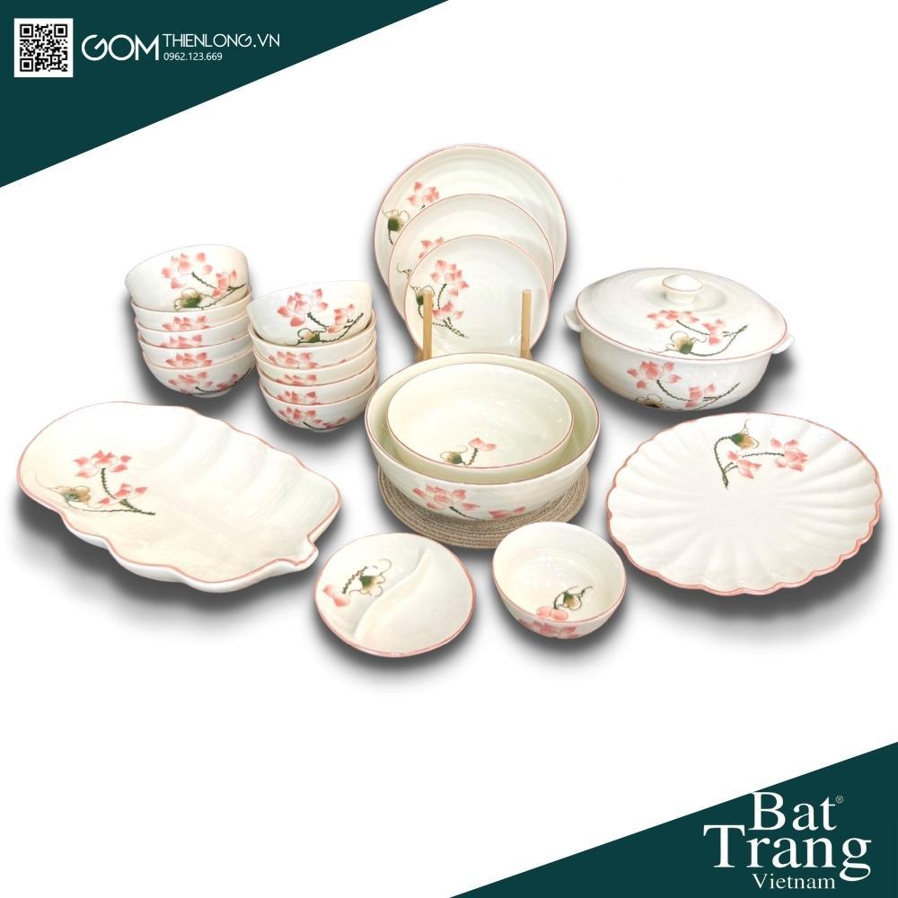 Bộ Bát Đĩa Cao Cấp Sen Hồng - Hàng Đẹp Loại 1 - Bát Đĩa Sứ Bát Tràng - Gốm Thiên Long