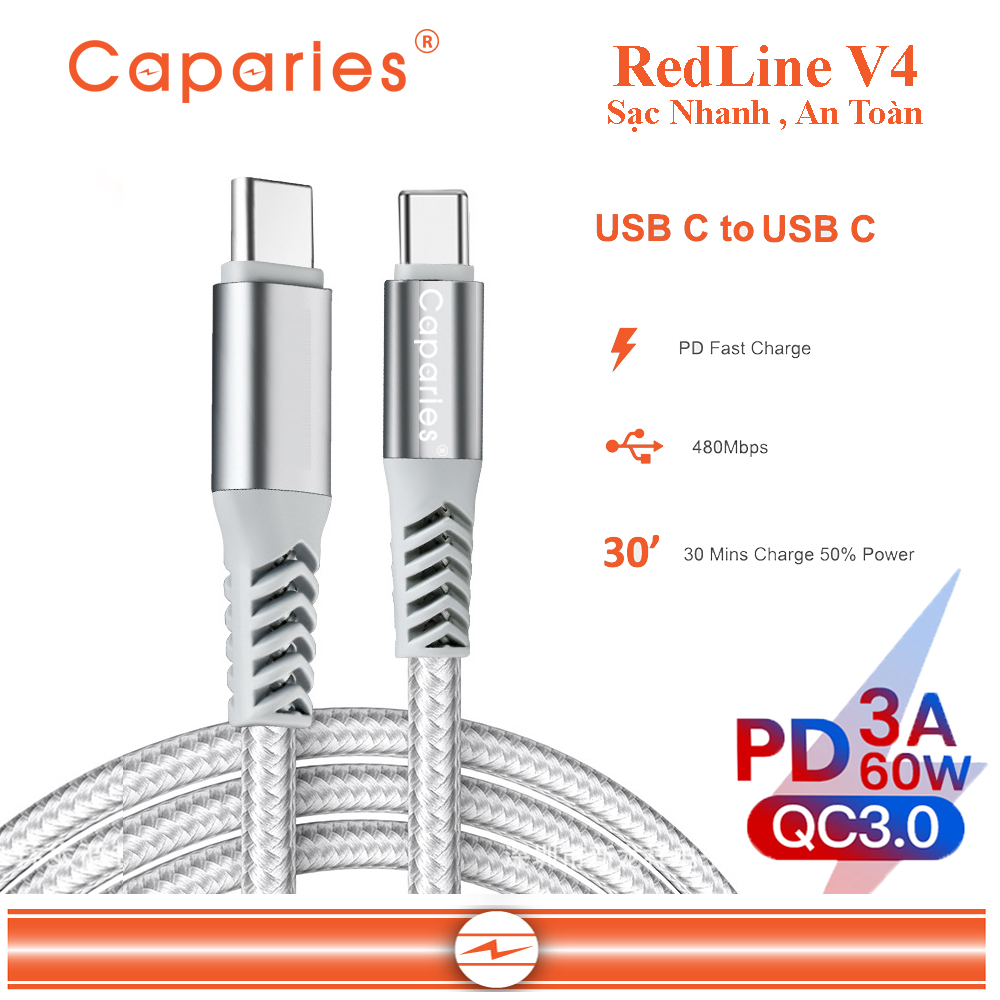 Dây Cáp Sạc 60W USB Type C To Type C Chuẩn QC 3.0  Caparies Redline V4 - Hàng Chính Hãng