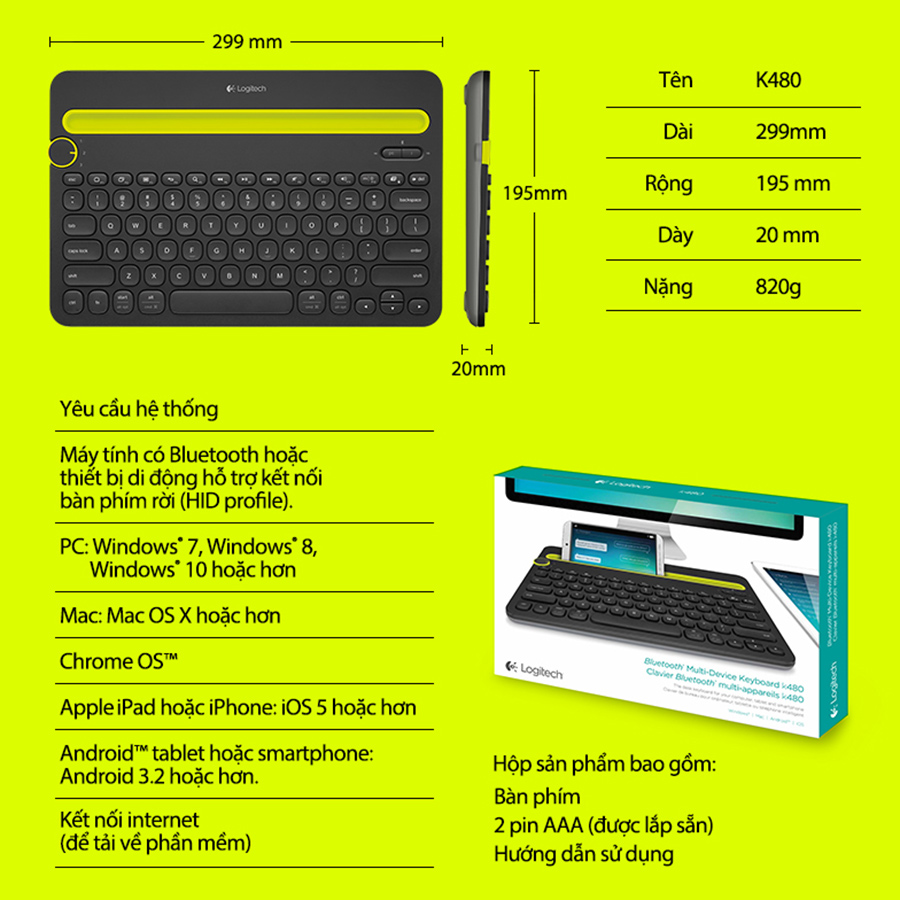 Bàn phím không dây Bluetooth Logitech K480 - Hàng chính hãng