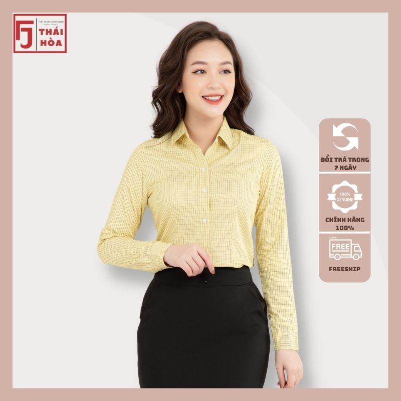 Sơ mi nữ Thái Hoà đẹp cotton công sở kẻ caro màu vàng A092-08-01