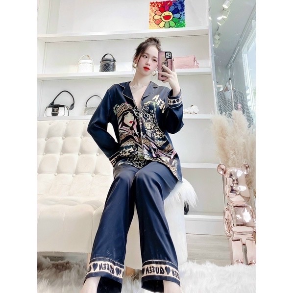 Bồ Pyjama Nữ Tay Dài Quần Dài Mặc Nhà Cổ Vét Siêu Sang