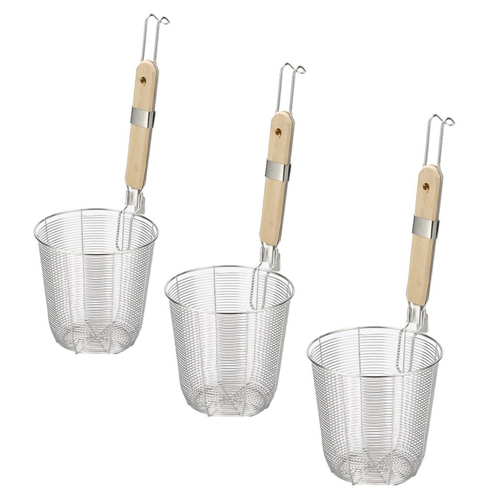 Wooden Handle Stainless Steel Kitchen Noodle Mesh Strainer Baskets S&M