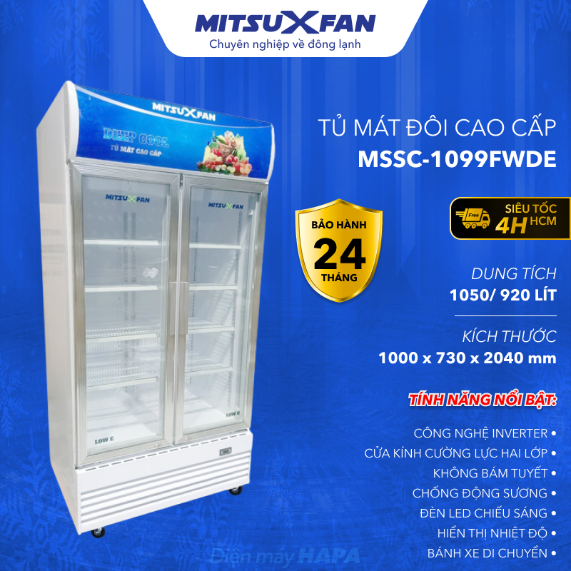 Tủ Mát 2 Cửa Cao Cấp MITSUXFAN MSSC-1099FWDE 1050 Lít, Inverter Siêu Tiết Kiệm Điện, Kính Cường Lực Kép, ROLLFIN 100% Đồng, Tủ Mát Đôi  Công Nghệ LOW-E Không Bám Tuyết, Không Đọng Sương, MSSC1099FWDE - Giao Miễn Phí TP.HCM &amp; Lân Cận, Hàng Chính Hãng