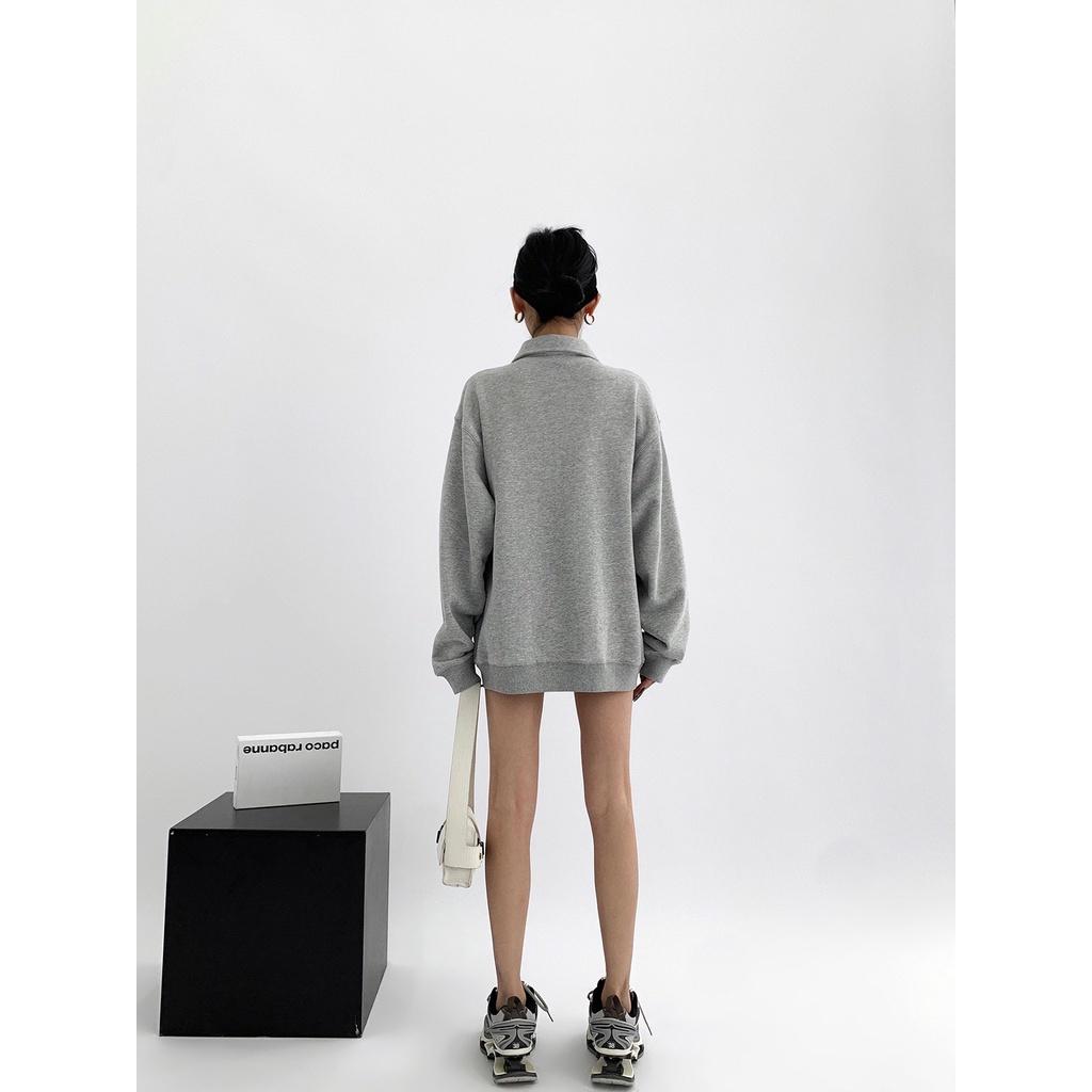 Áo Sweater Zip Gân Cổ Cao Thêu Chữ MINIMALISM Dáng Rộng