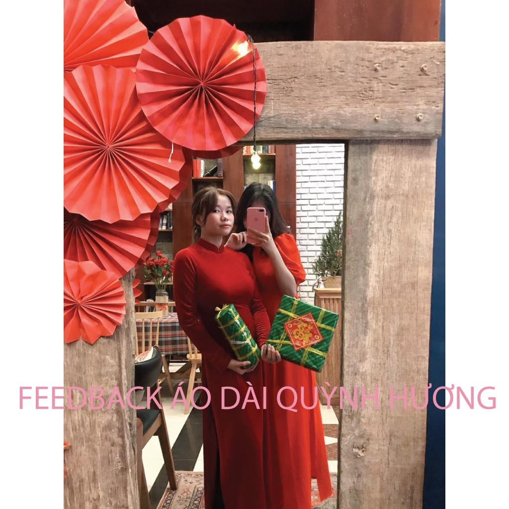 Áo dài lụa cổ vuông tay bồng màu đỏ by Quỳnh Hương