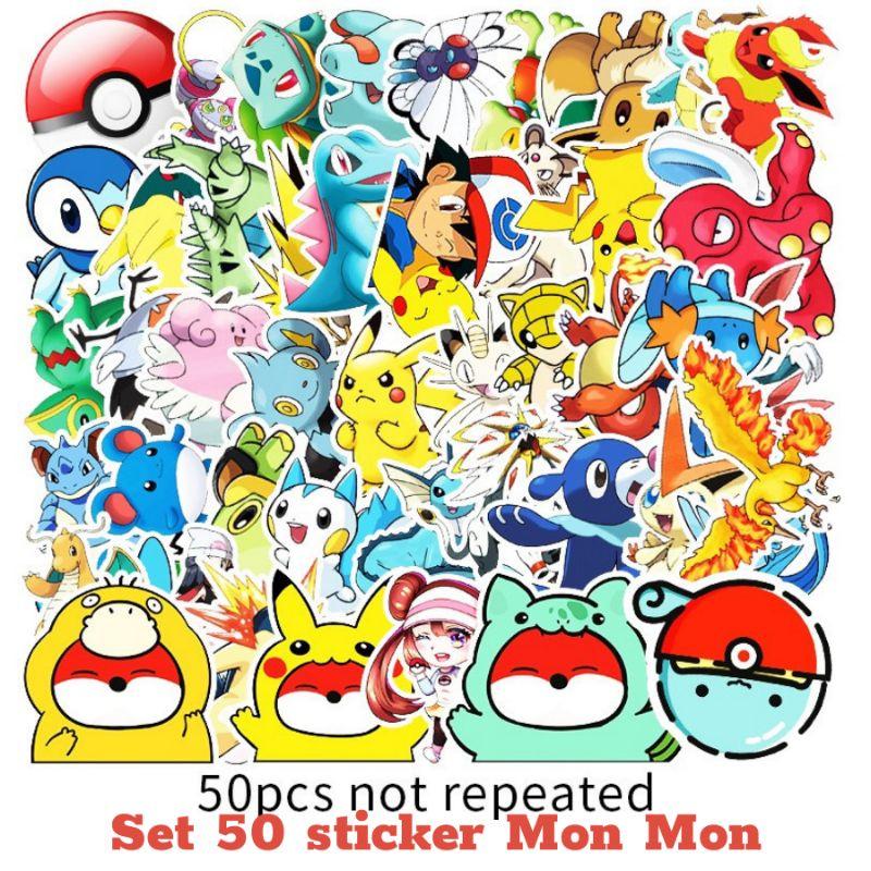 Set 50 sticker hình pokemon, pikachu dễ thương, chống thấm nước, bóc dán dễ dàng