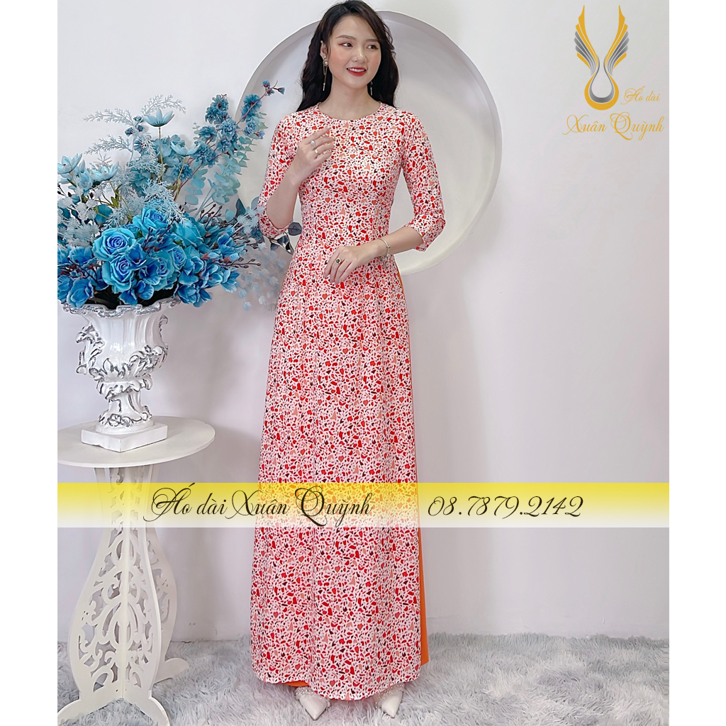 Áo Dài Truyền Thống Màu Đỏ Phối Cam Thanh Lịch, Duyên Dáng Lụa Habutai Cao Cấp K65