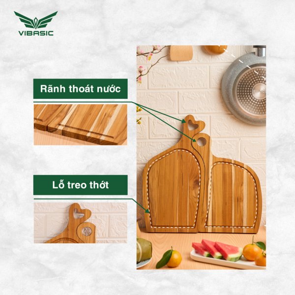 Bộ thớt Uyên ương gỗ Teak Vibasic 400x220x18mm và 340x220x18mm | cắt thái và trang trí món ăn