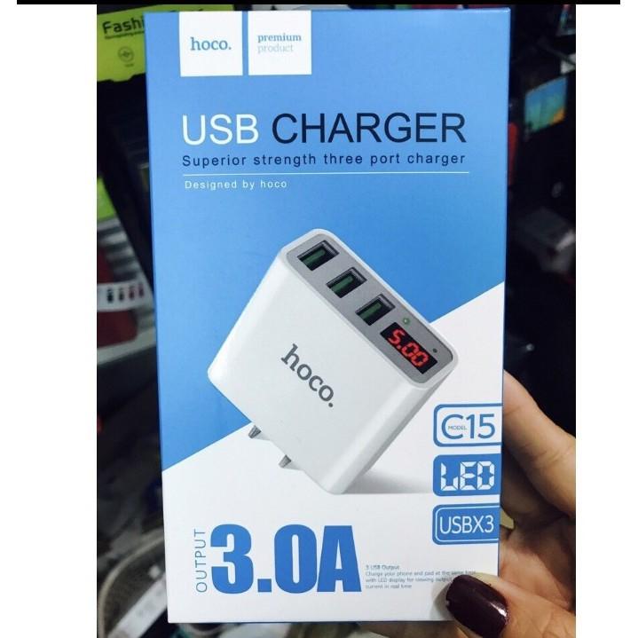 Cốc sạc Hoco C15 3 cổng USB,màn led báo điện áp - Hàng Chính Hãng