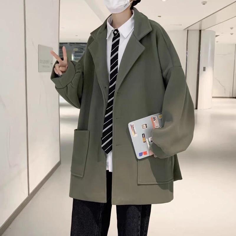 Áo măng tô chất dạ lì túi chéo Áo khoác blazer nam đẹp phối túi chéo mùa đông nam nữ đều mặc phong cách Hàn Quốc