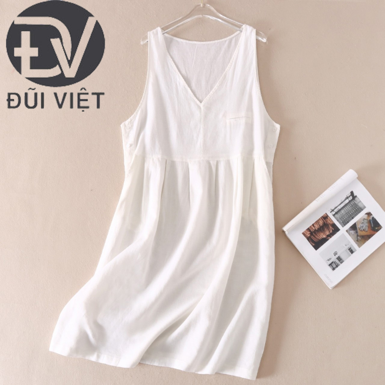 Váy đũi nữ trắng cổ V, Đầm suông nữ sát nách chất đũi mát, mặc nhà, mặc đi chơi Đũi Việt DV69