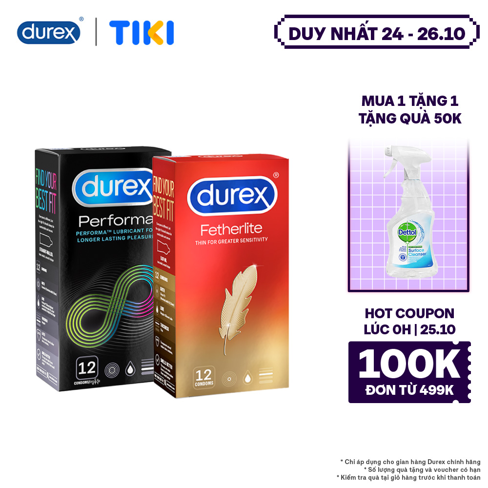 Bộ 1 hộp bao cao su Durex Performa 12 bao và 1 Durex Fetherlite 12 bao