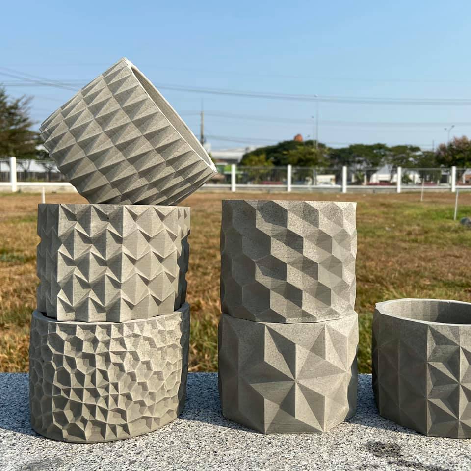 Combo 4 Chậu trồng sen đá , xương rồng, bonsai cây cảnh bằng xi măng, chính hãng Cori , chậu 3D Origami hình trụ tròn kích thước 15x11cm - Cement pots GiaThanh Decor