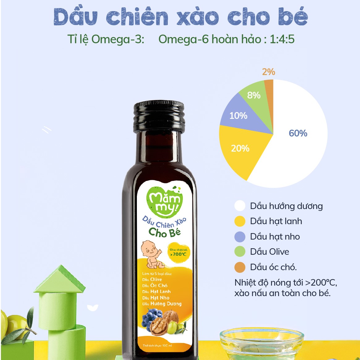 Dầu chiên xào cho bé Mămmy 100ml chịu nóng trên 200 độ C, làm từ 5 loại dầu tốt lành