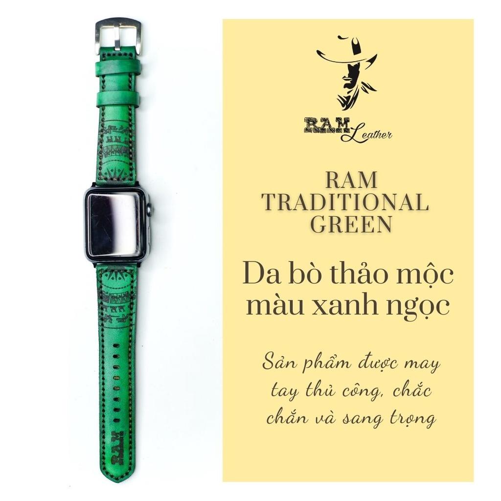 Dây đồng hồ da bò thảo mộc cao cấp xanh ngọc handmade bền chắc - chính hãng RAM Leather