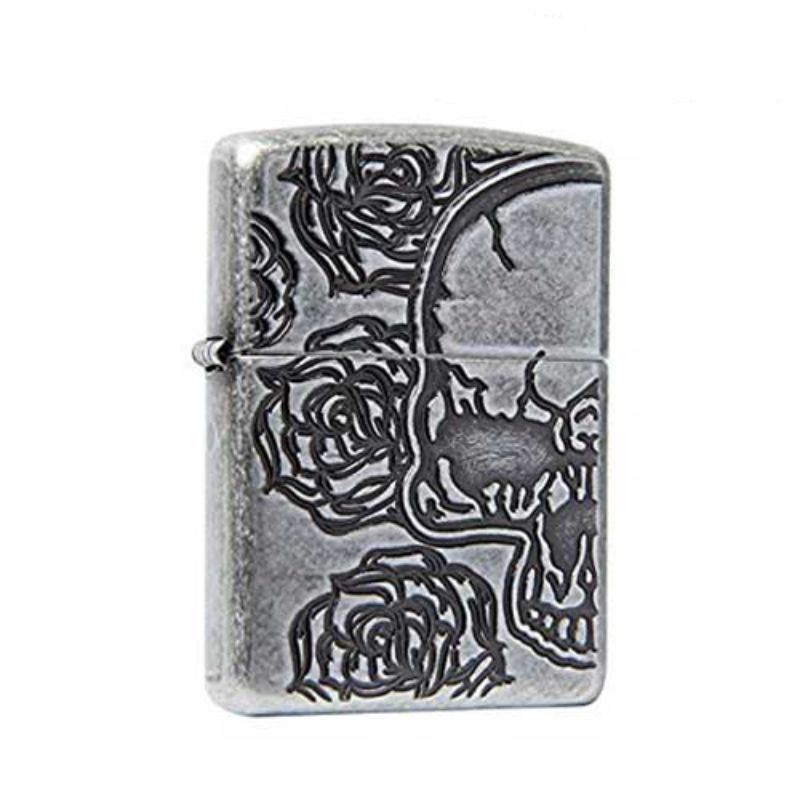 Bật Lửa Zippo Armor Skull Roses Antique Silver Plate Chính Hãng Usa