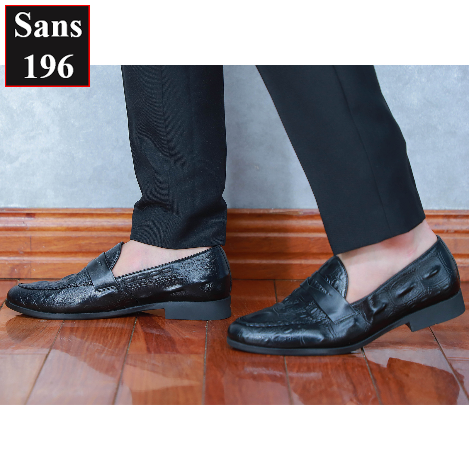 Giày lười nam da bò thật Sans196 mềm moca vân cá sấu đẹp cao cấp giầy loafer mọi công sở hàn quốc đen mũi tròn đi làm
