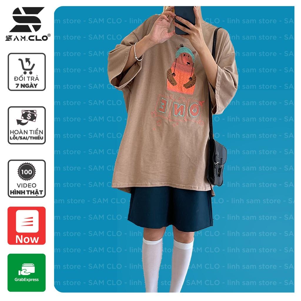 Áo thun tay lỡ nam nữ SAM CLO phông form rộng dáng Unisex - Ulzzang mặc cặp, nhóm, lớp in hình CON GẤU chữ ONE
