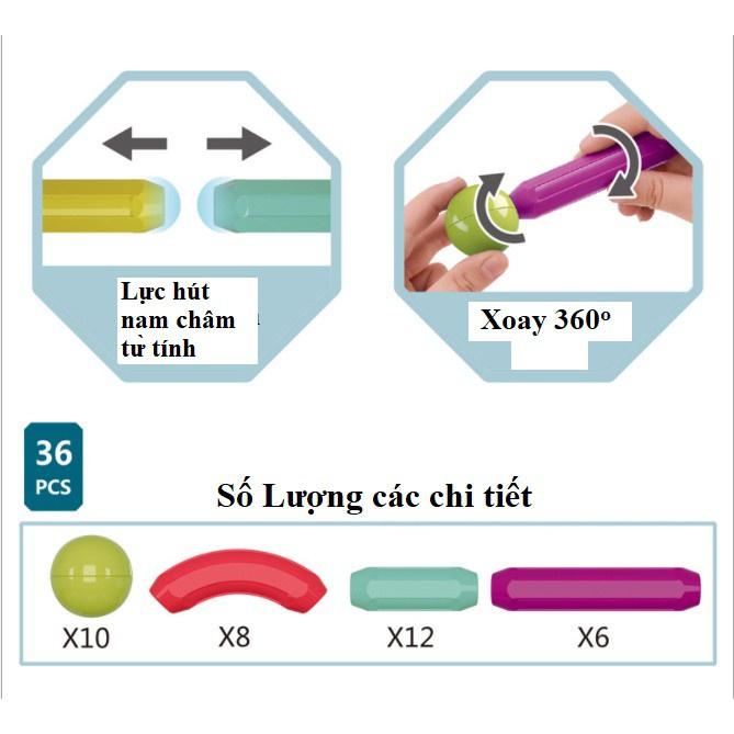 Đồ chơi Que từ tính tròn lắp ráp xếp hình khối nam châm 36 - 64 chi tiết