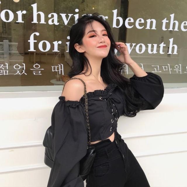 Áo trễ vai đan dây phong cách Ulzzang Hàn Quốc