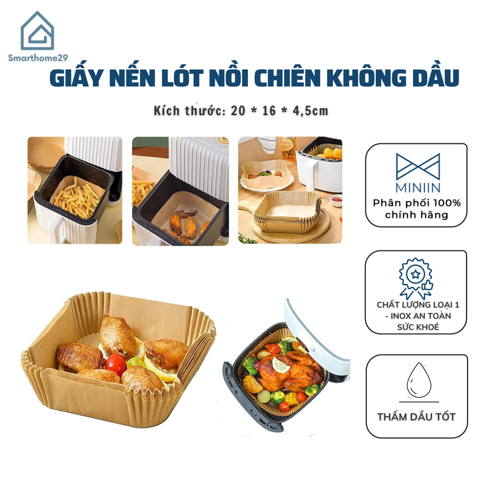 Set 50 Giấy Lót Nồi Chiên Không Dầu Hấp Bánh Hình Vuông 20cm Không Dính Dùng Một Lần Cho Nhà Bếp - HÀNG CHÍNH HÃNG MINIIN