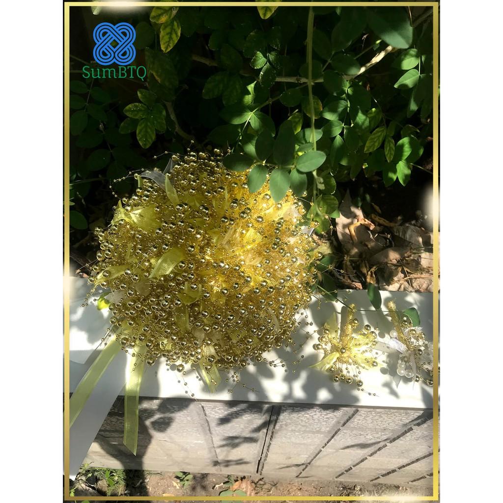 Hoa Cầm Tay Cô Dâu ️ Hoa Cườm Kết Ruy Băng Vàng