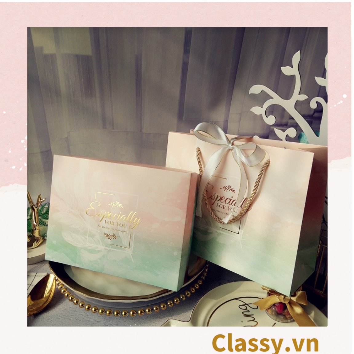 XÉ LẺ túi giấy +Hộp quà lớn quà tặng hoạ tiết đá cẩm thạch, In chữ Especially For You phong cách châu ÂU Q307