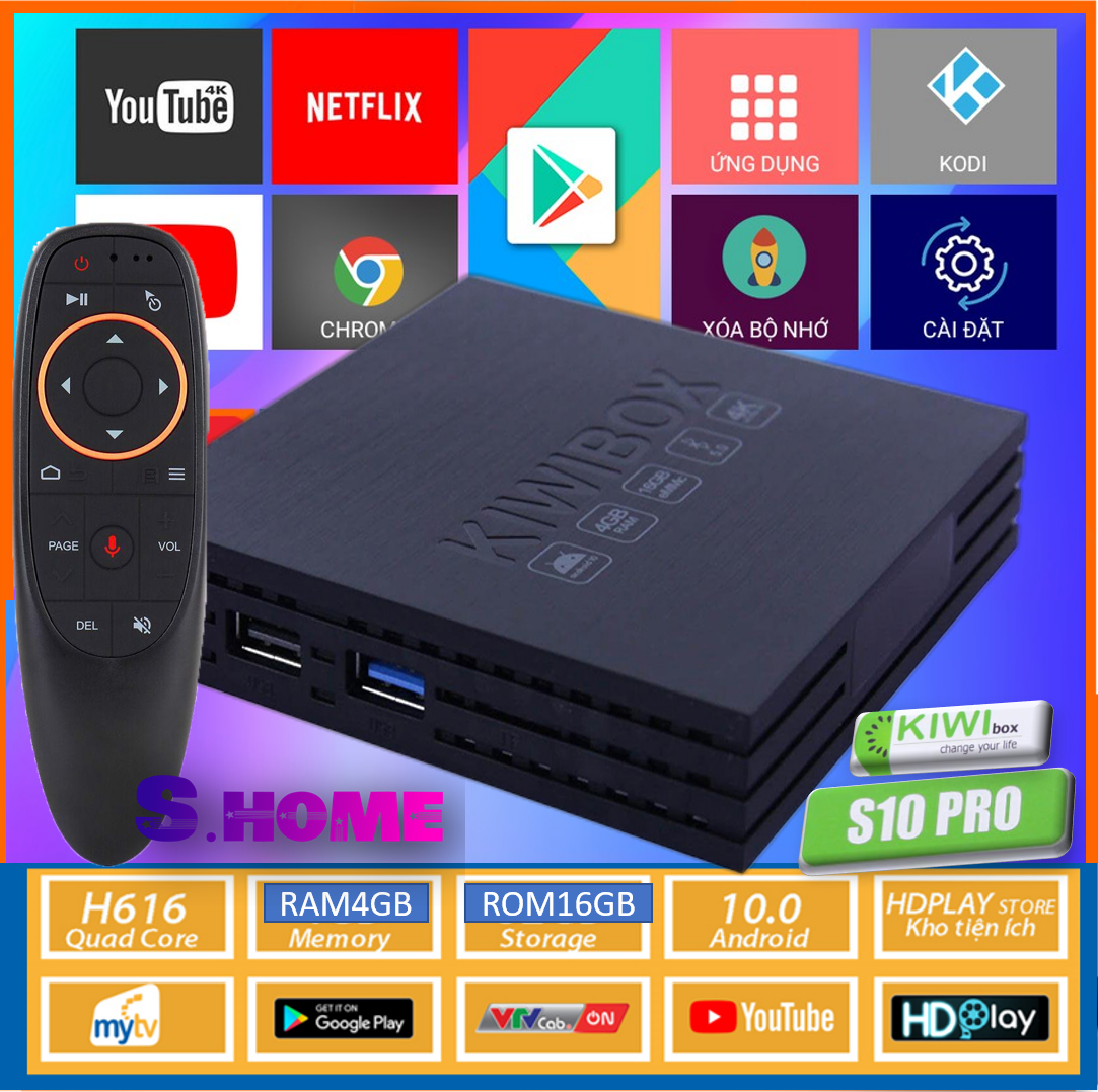 Android TV Box Kiwi S10 Pro có Điều khiển Giọng nói , Ram 4GB Rom 16GB, Android 10, Cấu hình Cực mạnh - Hàng Chính Hãng