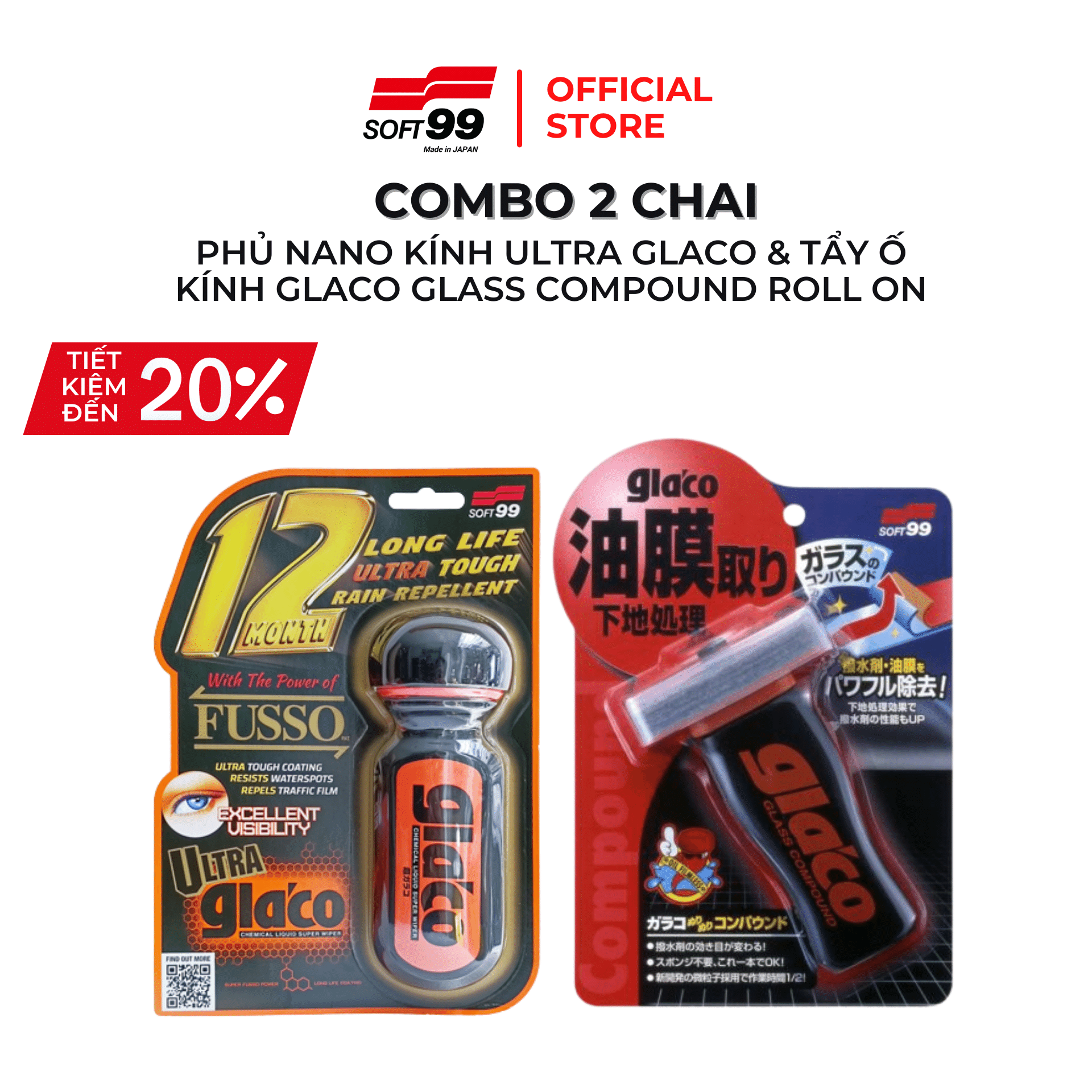 [COMBO] Phủ Nano Kính Ultra Glaco G-19 &amp; Tẩy Ố Kính Glaco Glass Compound Roll On G-47 SOFT99