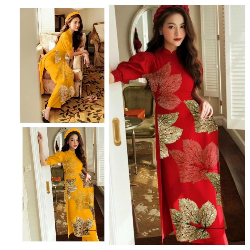 Set Bộ Áo Dài Lụa Họa Tiết Chiếc Lá Hàng Thiết Kế Cực Sang Trọng Quý Phái - BY2118A