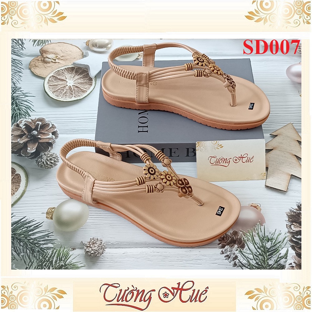 [Ảnh Thật 100%] Sandal Nữ Xỏ Ngón Quai Đính Hoa Đế Bệt - SD007