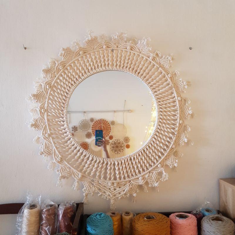 Gương Macrame nội thất treo tường phong cách vintage mộc mạc, cổ điển