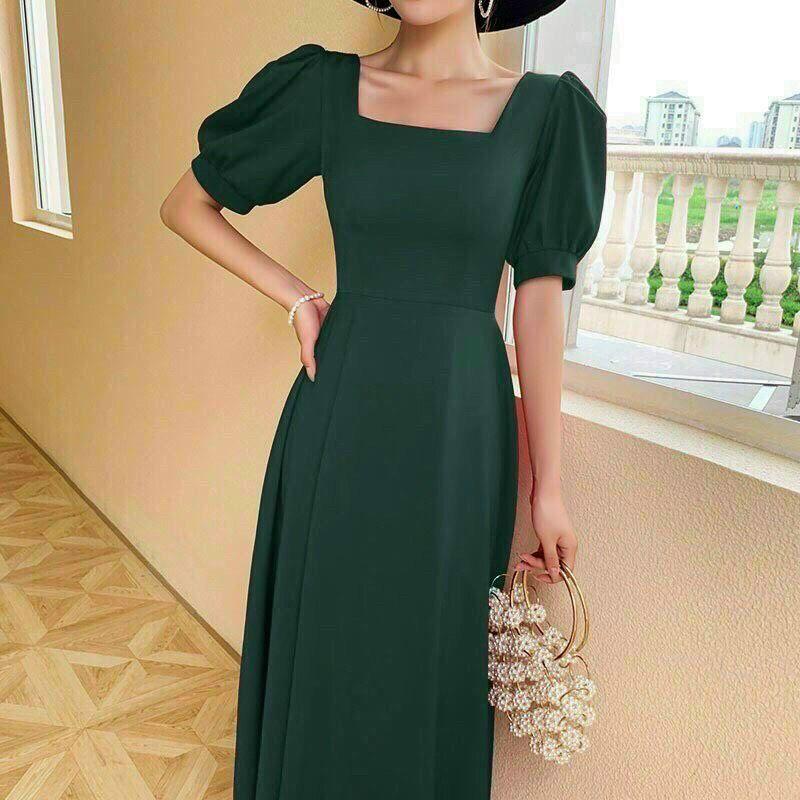 Đầm Maxi Xanh Cổ Vuông Tay Phồng