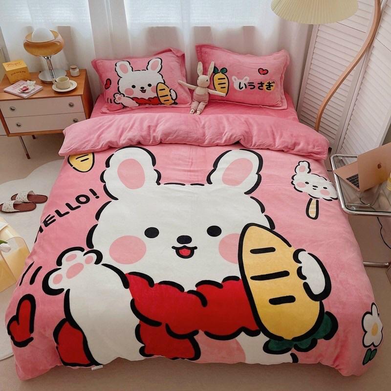 Bộ Chăn Ga Gối Đệm Cute, Chăn Ga Nỉ Nhung, Bộ Chăn Mền Ga Gối Nỉ Nhung Cao Cấp Siêu Mềm Mịn