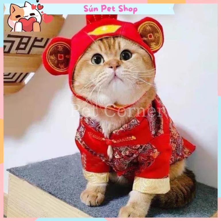 Quần áo Tết cho chó mèo, bộ đồ Tết lót lông cho thú cưng