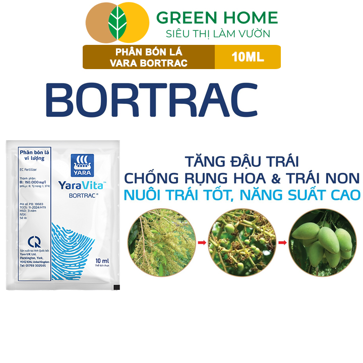 Phân Bón Lá Bortrac GreenHome. Gói 10ml, Giúp Tăng Sức Sống Hạt Phấn, Hạn Chế Rụng Hoa – Trái Non